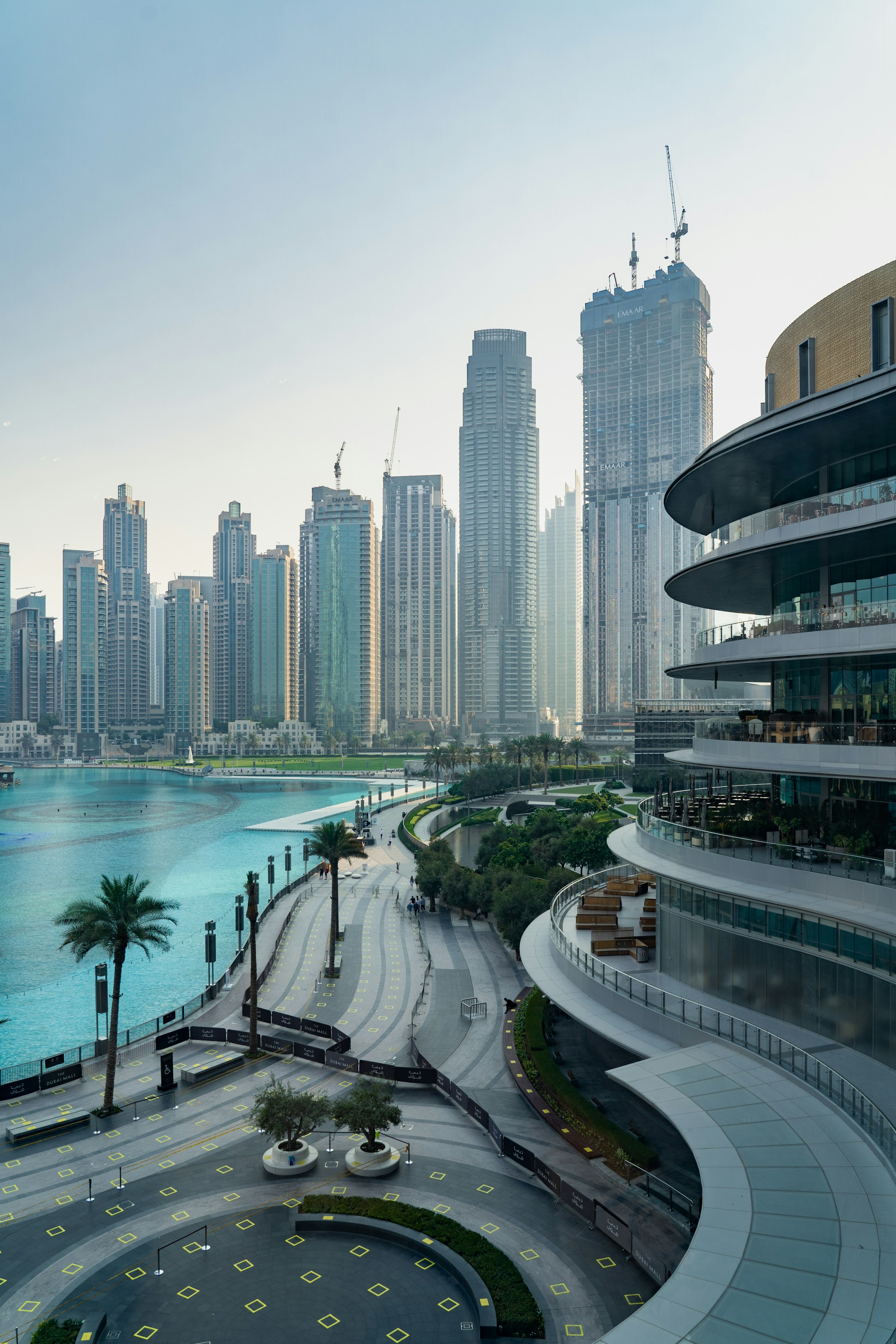 Daylight waterfront architecture at Burj Khalifa Lake, Downtown Dubai